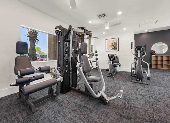 A gym with a variety of equipment including a leg press machine, a chest press machine, a leg curl machine, a leg extension machine, a seated calf raise machine, a seated leg raise machine, a seated leg curl