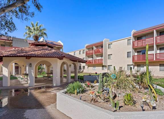 A courtyard with a cactus garden in front of apartment buildings.