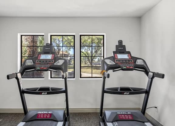 Two treadmills are in a room with windows.