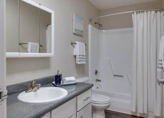 A bathroom with a white toilet, sink, and shower.