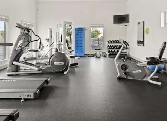 A spacious home gym with a variety of exercise equipment.