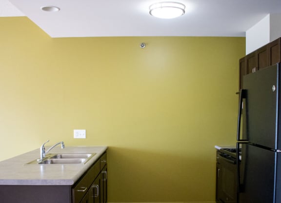 a kitchen with a sink and a refrigerator