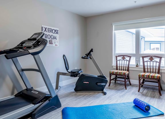 A room with a treadmill, exercise bike, and a yoga mat.
