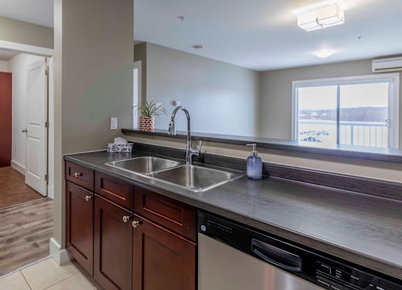 A kitchen with a stainless steel sink and brown cabinets.