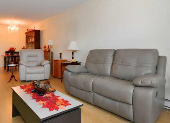 A grey sofa sits in a living room with a coffee table in front of it.
