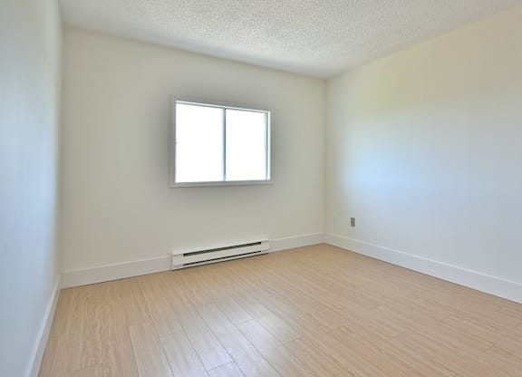 A room with a window and a radiator on the floor.