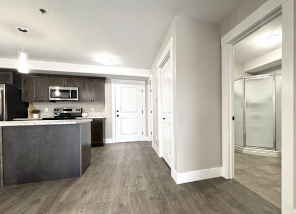 A kitchen with a dark countertop and a white door.