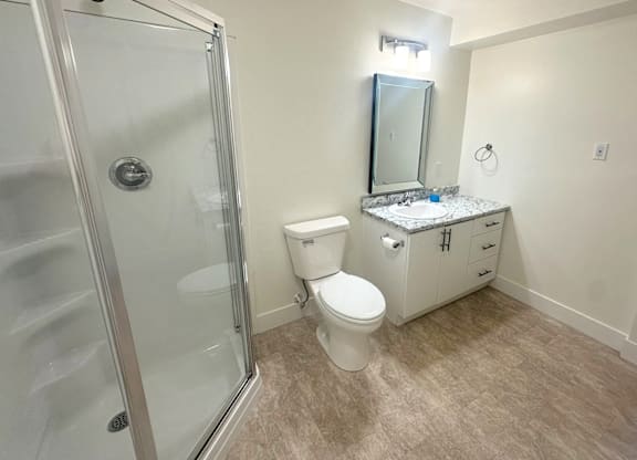 A bathroom with a toilet, sink, and shower.