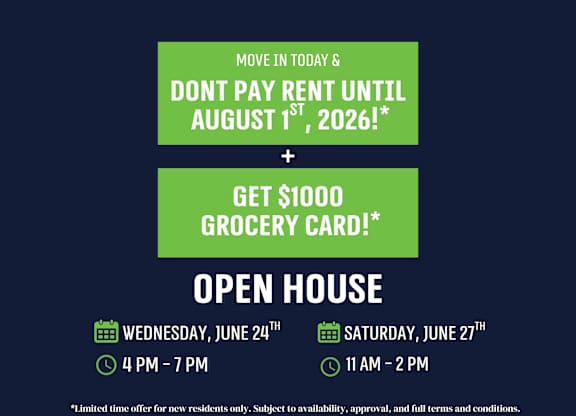 A promotional image offering a $1000 grocery card for new residents who move in before August 1st, 2026.