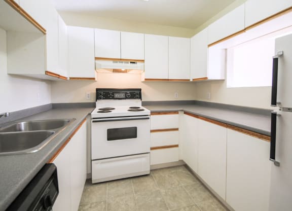 A white kitchen with a stove, sink, and cabinets.
