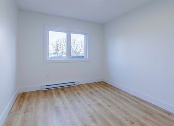 A room with a window and a radiator on the floor.
