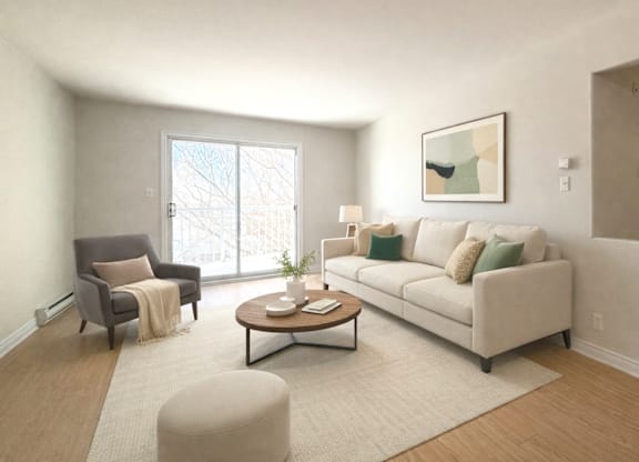 A living room with a grey armchair, a white sofa, a coffee table, and a large window.