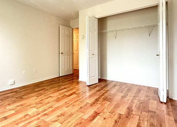 A room with a wooden floor and a white door.