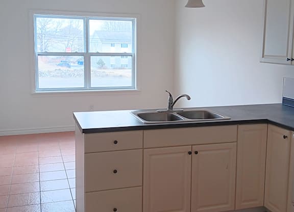 A kitchen with a sink and cabinets.