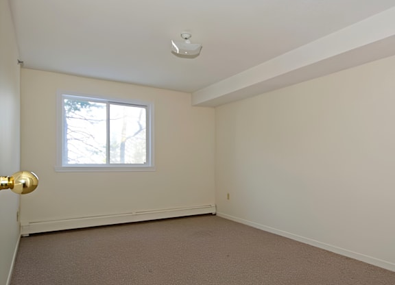 A room with a window and a carpeted floor.