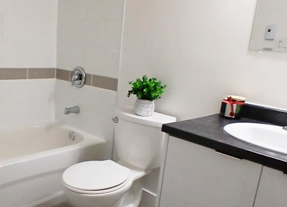 A white toilet sits next to a bathtub in a bathroom.
