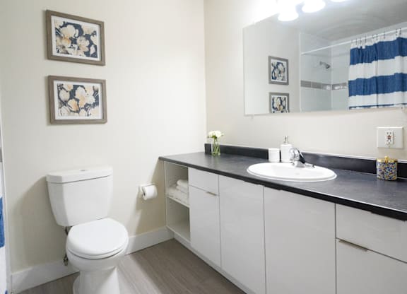 A white toilet sits in a bathroom with a sink and mirror.