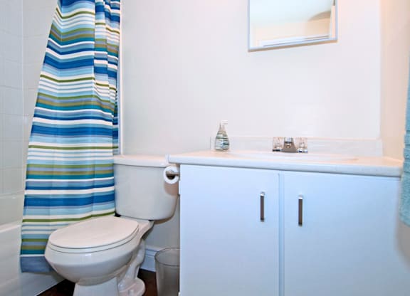 A white toilet with a blue and green striped shower curtain in a bathroom.