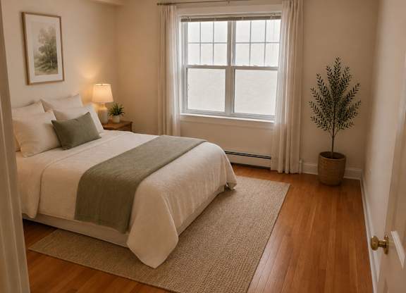 A bedroom with a large bed and a window with white curtains.