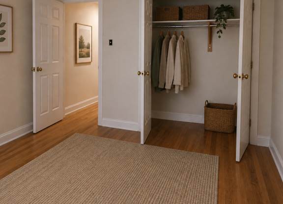 A room with a white door and a brown rug on the floor.
