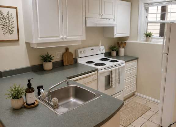 A kitchen with white cabinets and a stove top oven.