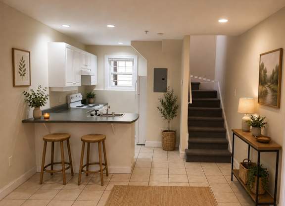 A kitchen with white cabinets and a countertop with two bar stools.