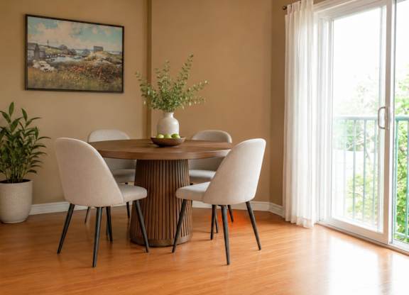 A dining room with a table set for four and a painting on the wall.