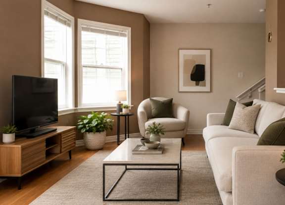 A living room with a white couch, a coffee table, and a television.