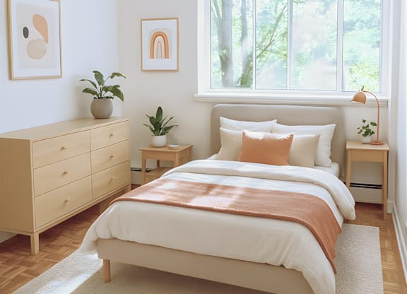 A bedroom with a large bed, a dresser, and a window with a view of trees.