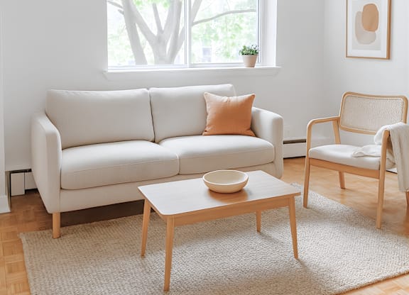 A white couch sits in a living room with a wooden coffee table in front of it.