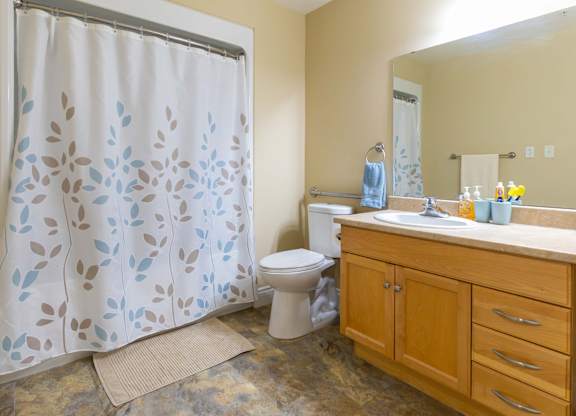 A bathroom with a toilet, sink, and shower curtain.