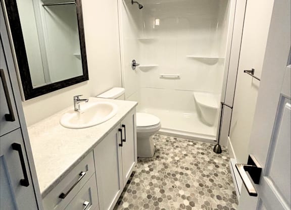 A bathroom with a sink, toilet, and shower.