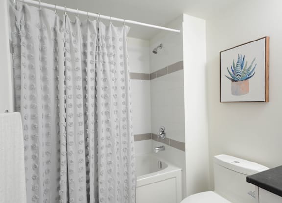 A bathroom with a white toilet, a white sink, a shower with a grey curtain, and a picture of a plant on the wall.