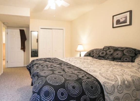 A bedroom with a bed, a ceiling fan, and a lamp.