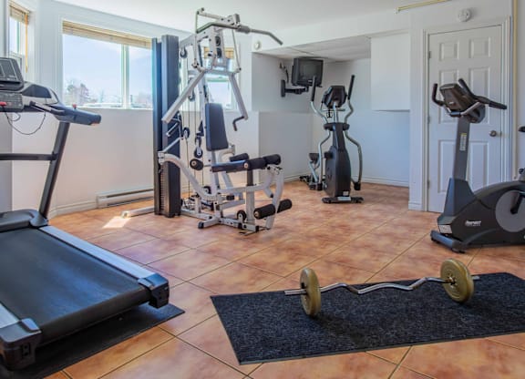 A home gym with a treadmill, weights, and exercise machines.