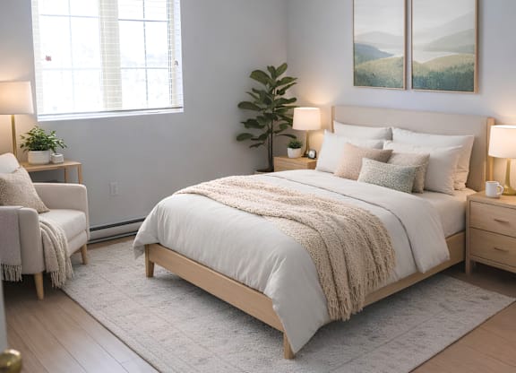 A bedroom with a large bed, a chair, and a painting on the wall.