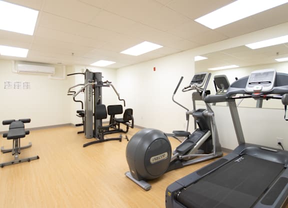 A gym with a treadmill, exercise bike, and other equipment.