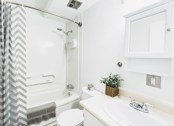 A white bathroom with a toilet, sink, and shower.