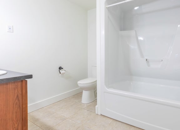 A white bathroom with a toilet and a bathtub.