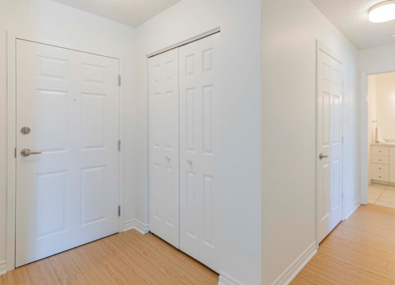 A white room with two doors and a wooden floor.