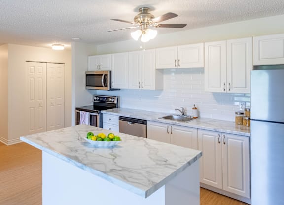 A kitchen with a marble countertop and stainless steel appliances.