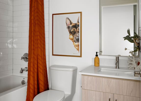 A bathroom with a toilet, a sink, a mirror, and a framed picture of a dog on the wall.