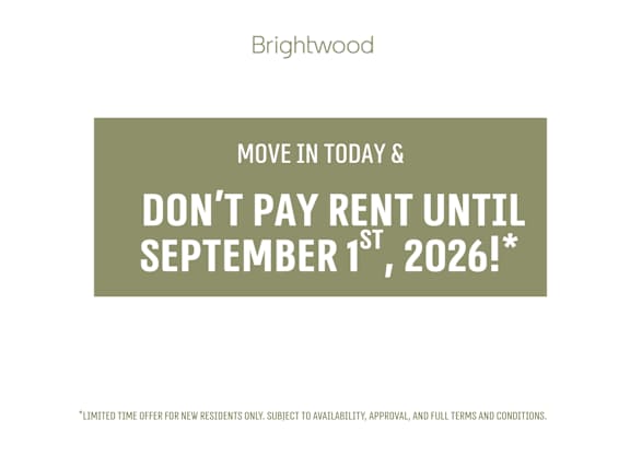 A promotional image for Brightwood offering a rent-free move in period for new residents.