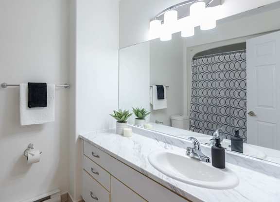 A bathroom with a white sink and a mirror above it.