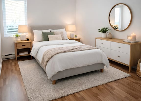 A bedroom with a large bed, a nightstand with a lamp, and a dresser with a mirror.