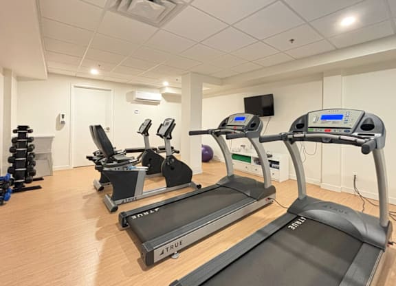A gym with treadmills and exercise equipment.
