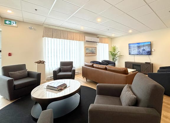 A living room with a grey couch, a grey armchair, a grey chair, a black sofa, a round wooden table, a black rug, a flat screen TV, a plant, and a fireplace.