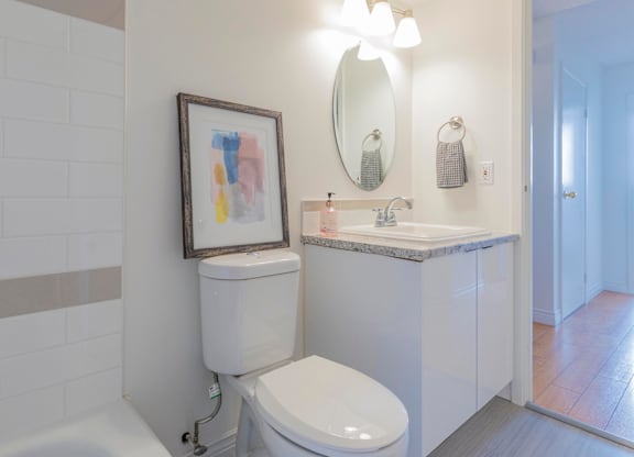 A white toilet sits next to a sink in a bathroom.