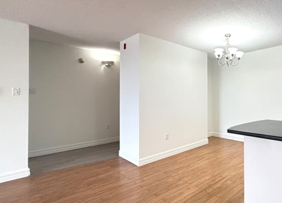 A room with a white wall and a black counter.