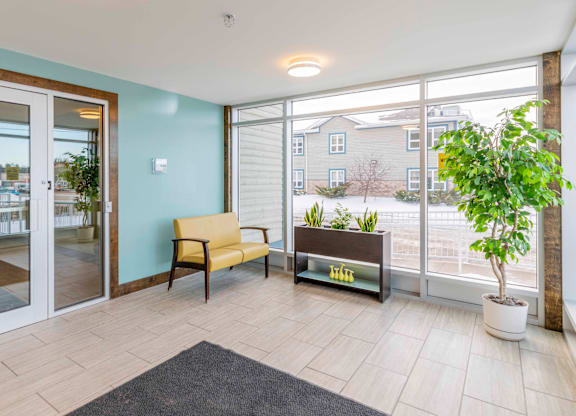 A room with a yellow chair, a bench, and a potted plant.